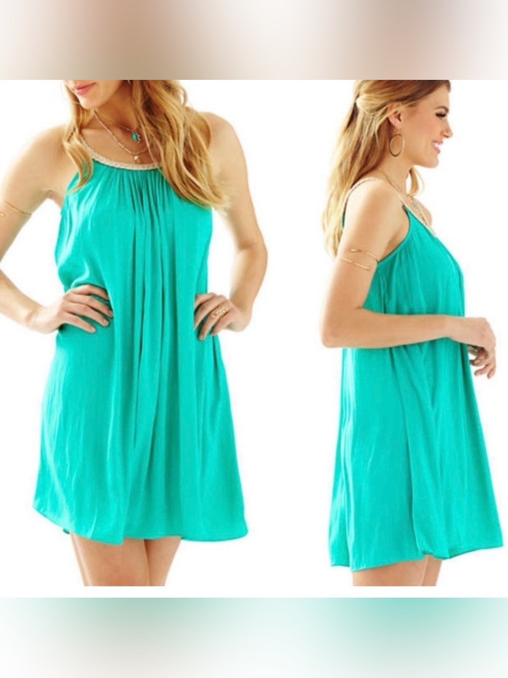 Lilly Pulitzer Sienna Lagoon Green Metallic Braided Neckline Swing Dress SZ Med